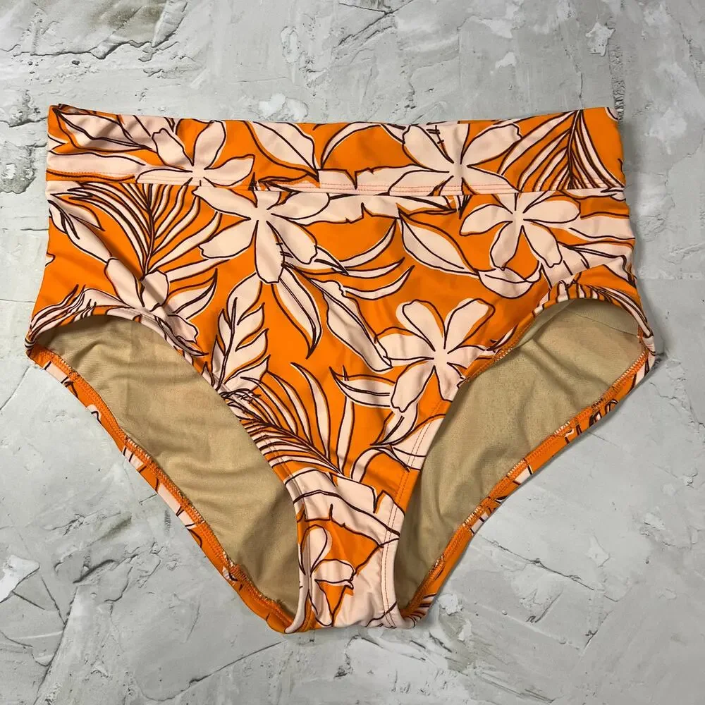 Kona Sol Tropical Bikini Bottom Size L High Waist Orange Pink Swim Bottom NWOT